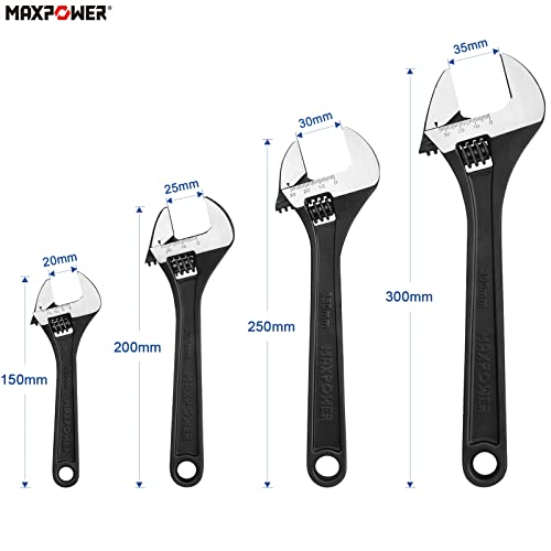 MAXPOWER 4 Stück Schraubenschlüssel Verstellbar Set 150mm/200mm/250mm/300mm Adjustable Wrench Set Maximale Öffnung 20mm/25mm/30mm/35mm Maulschlüssel Verstellbar Set