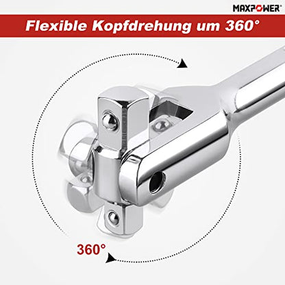 MAXPOWER Gelenkgriff 1/2 zoll and 3/8 zoll Erweiterbar 340mm-485mm Teleskopisch Breaker Bar 360° Flexible Kopfdrehung