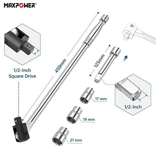 MAXPOWER 450mm Breaker Bar 1/2 zoll Gelenkgriff mit 17 mm/19 mm/21 mm Steckschlüssel 125mm Erweiterungsleiste