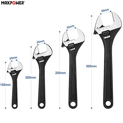 MAXPOWER 4 Stück Schraubenschlüssel Verstellbar Set 150mm/200mm/250mm/300mm Adjustable Wrench Set Maximale Öffnung 20mm/25mm/30mm/35mm Maulschlüssel Verstellbar Set