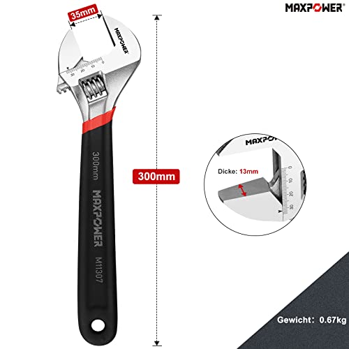 MAXPOWER 300mm Rollgabelschlüssel Groß Verstellbarer Schraubenschlüssel Stark und Robust Adjustable Wrench Maximale Öffnung 35mm