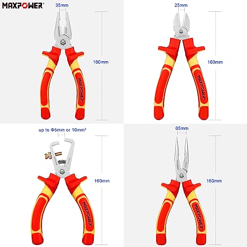 MAXPOWER 4 Stück VED-Zange Set 1000 V isoliertes Zangenwerkzeug vde Abisolierzange/Nadelzange vde/Seitenschneider vde/Kombinationszange VDE Professional Electric Tool