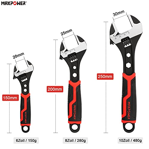 MAXPOWER 3 Stücke Rollgabelschlüssel Set 150mm/200mm/300mm Hochwertiger Schraubenschlüssel Verstellbar Multifunktionsschlüssel maximale Öffnung 20mm/25mm/30mm