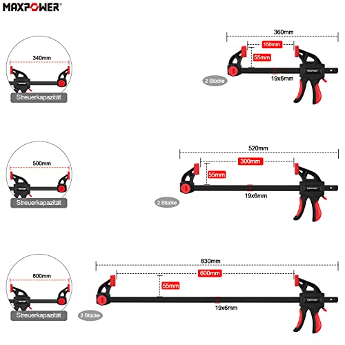 MAXPOWER 6 Stück Schnellspannzwingen Set 150mm/300mm/600mm Einhandzwingen Set für den Modellbau schöne Qualität Spannzwingen Set