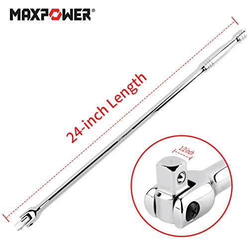 MAXPOWER 600mm/24 Breaker Bar Gelenkgriff Drehgriff mit 1/2" Antriebskopf,Schiebegriff mit Gelenk, Extra Belastbar für Stecknüsse, Steckgriff Bruchfest (Silber Kleiner Kopf)