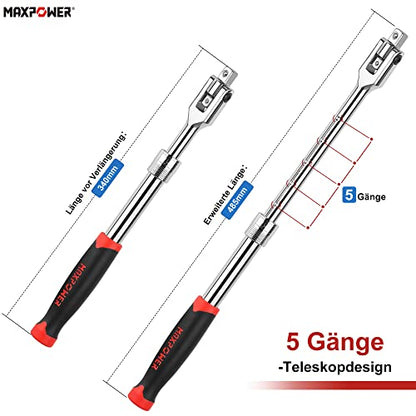 MAXPOWER Gelenkgriff 1/2 zoll and 3/8 zoll Erweiterbar 340mm-485mm Teleskopisch Breaker Bar 360° Flexible Kopfdrehung