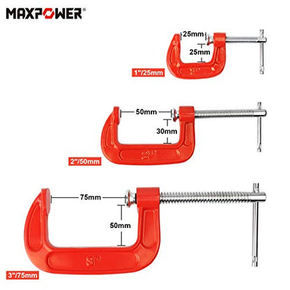 MAXPOWER 3pcs C-Zwingen set 25mm/50mm/75mm C-Schraubzwingen Stark C Clamp Woodworking