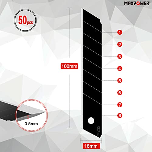 MAXPOWER 50 Stück Cuttermesser klingen 18 mm Abbrechklingen Scharfe Teppichmesser klingen Tragbar Professionelle Ersatzklingen Cuttermesser