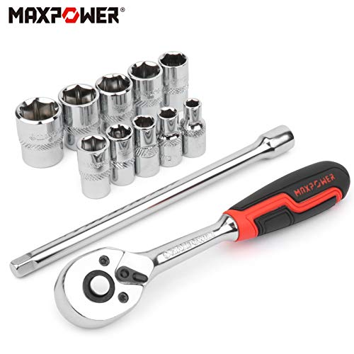 MAXPOWER 12 teiliges Ratschen Steckschlüssel Set 1/4 Zoll mit 150 mm Verlängerungsstange und 10 Stück Innensechskant 5-14 mm 72 Zähne Ratschenschlüssel