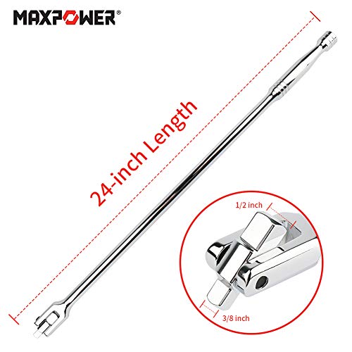 MAXPOWER 2 in 1 Gelenkgriff Drehgriff mit 1/2" und 3/8" Antriebskopf, 600mm/24 Schiebegriff mit Gelenk, Extra Belastbar für Stecknüsse, Steckgriff Bruchfest