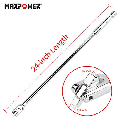 MAXPOWER 2 in 1 Gelenkgriff Drehgriff mit 1/2" und 3/8" Antriebskopf, 600mm/24 Schiebegriff mit Gelenk, Extra Belastbar für Stecknüsse, Steckgriff Bruchfest