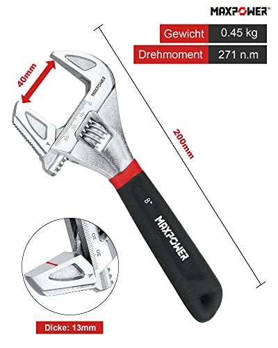 MAXPOWER Multifunktion Rollgabelschlüssel 200mm Schraubenschlüssel Verstellbar Rohrzange Adjustable Wrench Maximale Öffnung 40mm