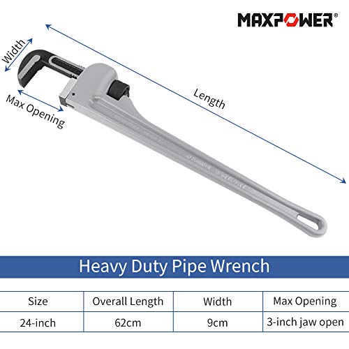 MAXPOWER Rohrzange 620 mm (24 Zoll) Aluminium-Rohrzange Spannweite 76 mm (3 Zoll) 40% leicht verstellbarer Wasserpumpenschlüssel