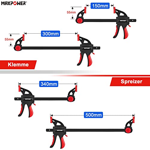 MAXPOWER 4 Stück Schraubzwingen Set 150mm/300mm Einhandzwingen Set Profi Stark und Robust Schnellspannzwingen Set