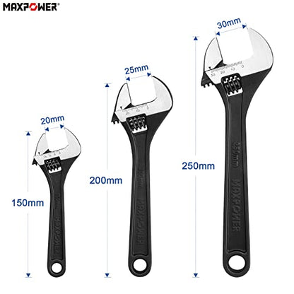 MAXPOWER 3 Stück Verstellbares Schraubenschlüssel Set 150mm/200mm/250mm Maulschlüssel Verstellbar Set Maximale Öffnung 20mm/25mm/30mm Adjustable Wrench Set