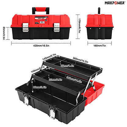 MAXPOWER Werkzeugbox Leer 42x18x17 cm werkzeugkasten leer plastik mit Metallverschlüssen 3 Ebenen klappbarer Stauraum17 Zoll leer werkzeugkiste