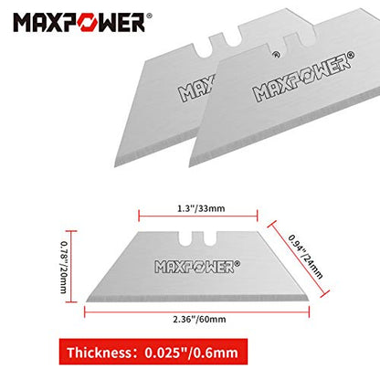 MAXPOWER Ersatzklingen Trapez, Universalmesser SK5 Ersatzklingen Trapezklingen für Cuttermesser Teppichmesser Cutter Klingen, 60mm, 100 Stück im Spender