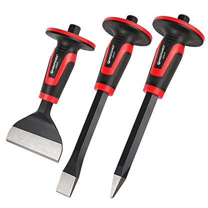 MAXPOWER 3 Stück Handmeißel Set Flachmeißel/Spitzmeißel/Fliesenmeißel Handmeißel mit Handschutz Breite Meißel Set Fliesen Stein