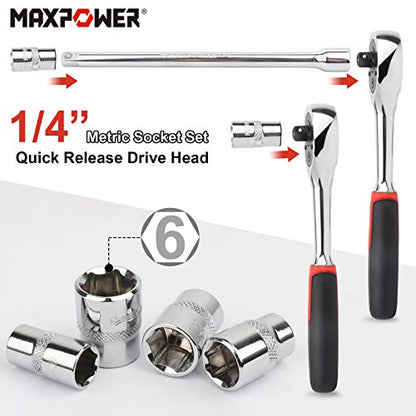 MAXPOWER 12 teiliges Ratschen Steckschlüssel Set 1/4 Zoll mit 150 mm Verlängerungsstange und 10 Stück Innensechskant 5-14 mm 72 Zähne Ratschenschlüssel