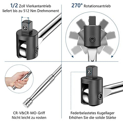 MAXPOWER 450mm Breaker Bar 1/2 zoll Gelenkgriff mit 17 mm/19 mm/21 mm Steckschlüssel 125mm Erweiterungsleiste