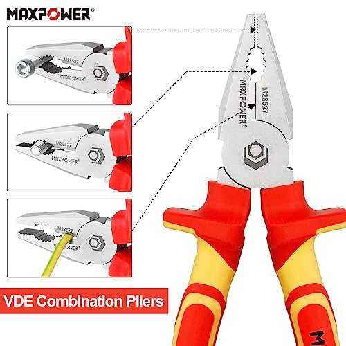 MAXPOWER 4 Stück VED-Zange Set 1000 V isoliertes Zangenwerkzeug vde Abisolierzange/Nadelzange vde/Seitenschneider vde/Kombinationszange VDE Professional Electric Tool