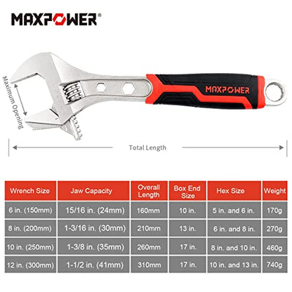 MAXPOWER Verstellbarer Schraubenschlüssel, 4-Teilig Rollgabelschlüssel Set 4-IN-1 Rohrzange Einmaulschlüssel Verstellbar Adjustable Wrench (6"/150mm, 8"/200mm 10"/250mm y 12"/300mm)