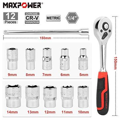 MAXPOWER 12 teiliges Ratschen Steckschlüssel Set 1/4 Zoll mit 150 mm Verlängerungsstange und 10 Stück Innensechskant 5-14 mm 72 Zähne Ratschenschlüssel