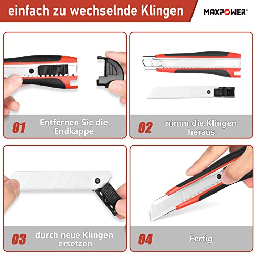 MAXPOWER 1 Stück Cuttermesser Profi +20 Stück Ersatzklinge Multifunction Tapeziermesser Profi Universalmesser Klingen Abbrechen