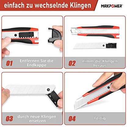 MAXPOWER 1 Stück Cuttermesser Profi +20 Stück Ersatzklinge Multifunction Tapeziermesser Profi Universalmesser Klingen Abbrechen