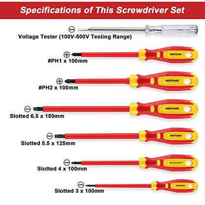 MAXPOWER 7Stück VDE Schraubendreher Set 1000V Elektro-Schraubendreher Set Phillips und Schlitz mit einem Spannungstester, Isoliertes Schraubendreher-Set für Heimat Reparatur