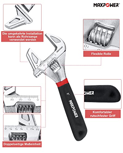 MAXPOWER Multifunktion Rollgabelschlüssel 200mm Schraubenschlüssel Verstellbar Rohrzange Adjustable Wrench Maximale Öffnung 40mm