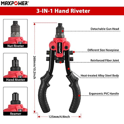 MAXPOWER 3 in1 Nietmutterzange Multifunktion Nietenzange Set mit 6 Dorne und 5 Nietkopf 2 Reibbäumen und 1 Multifunktionsschlüssel Tragbare Nietwerkzeugsatz